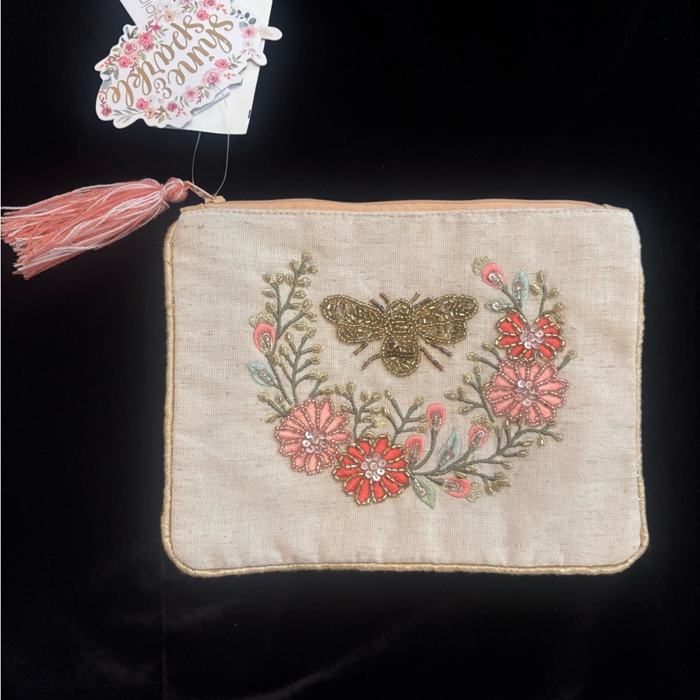 Embroidered Floral Pouch with Bee Design